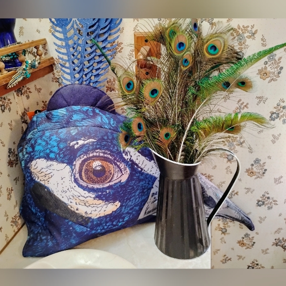 Tin Ewer Pitcher Vase with Peacock Feathers